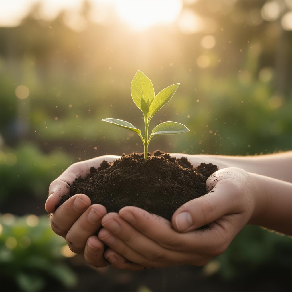 Hands holding a small green plant sprout, symbolizing new growth